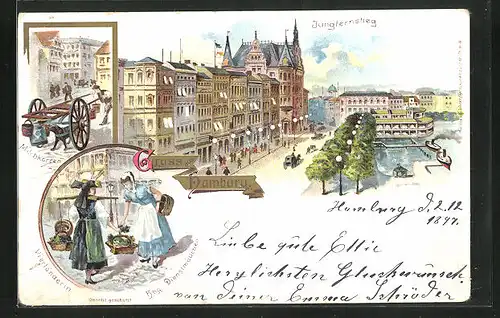 Lithographie Hamburg-Neustadt, Jungfernstieg, Milchkarren, Hbg. Dienstmädchen