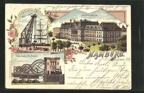 Lithographie Hamburg-Neustadt, Justiz-Gebäude, Eisenbahn-Elb-Brücke, Riesen-Krahn