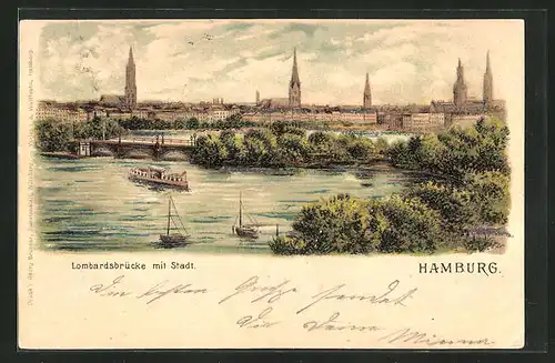 Lithographie Hamburg-Neustadt, Lombardsbrücke mit Stadt