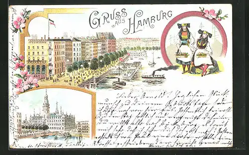 Lithographie Hamburg-Neustadt, Alter Jungfernstieg, Rathhaus