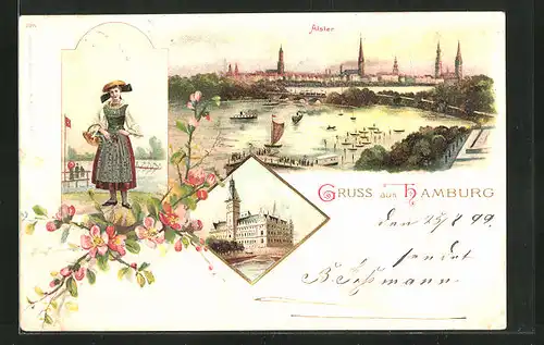 Lithographie Hamburg-Neustadt, Alster, Rathaus, Vierländerin