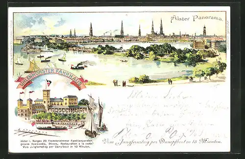 Lithographie Hamburg-Neustadt, Gasthaus Uhlenhorster Fährhaus, Alster Panorama