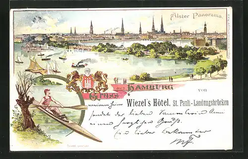 Lithographie Hamburg-Neustadt, Alster Panorama, Paddelbootfahrer
