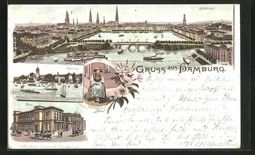 Lithographie Hamburg-Neustadt, Uhlenhorst, Börse, Alsterbassin