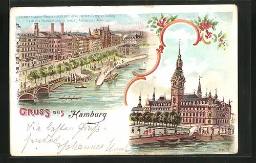 Lithographie Hamburg-Neustadt, Alsterarkaden, Reesendammbrücke, alter Jungfernstieg