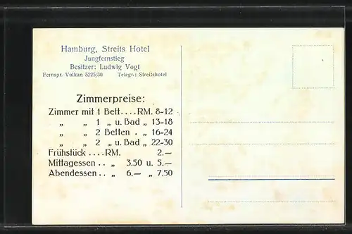 AK Hamburg-Neustadt, Restaurant Streit`s Hotel, Jungfernstieg