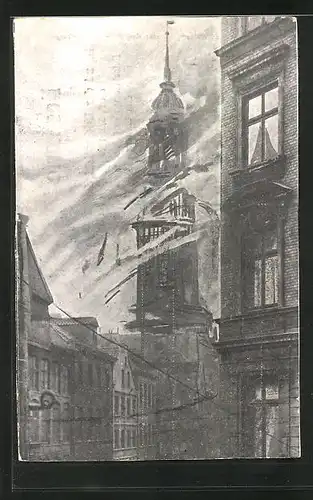 AK Hamburg-Neustadt, Brand der St. Michaeliskirche 1906 wenige Sekunden vor dem Einsturz