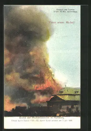 AK Hamburg-Neustadt, Brand der Michaeliskirche am 3.7.1906, Einsturz des Turmes um 3 Uhr nachmittags