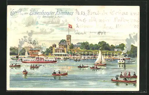 Lithographie Hamburg-Uhlenhorst, Gasthaus Uhlenhorster Fährhaus, Bootsverkehr