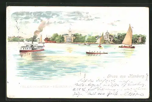 Lithographie Hamburg-Uhlenhorst, Gasthaus Uhlenhorster Fährhaus
