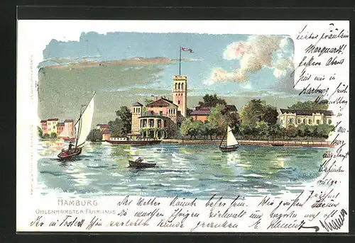 Lithographie Hamburg-Uhlenhorst, Gasthaus Uhlenhorster Fährhaus, Segelboote