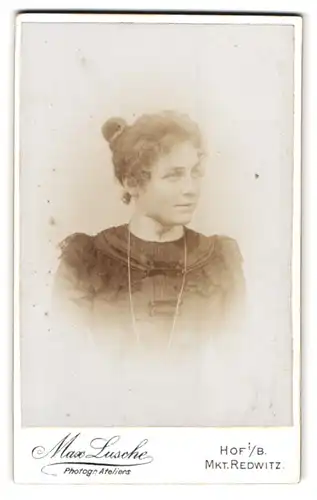 Fotografie Max Lusche, Hof i. B., Dame mit lockigem Haar, Zopf und langer Halskette