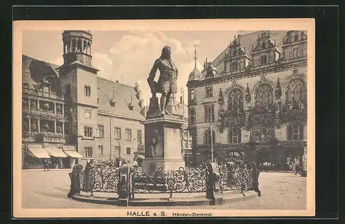 AK Halle a. S., Geschäft für Leinen- und Wäsche-Ausstattung mit Händel-Denkmal