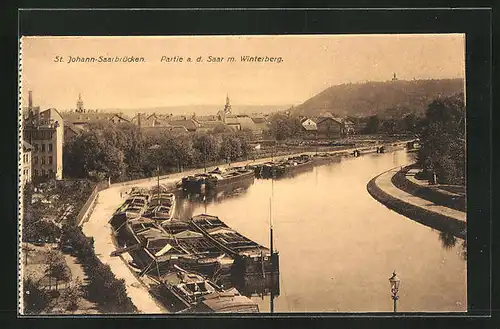 AK Saarbrücken-St. Johann, Partie a. d. Saar mit Winterberg und Booten