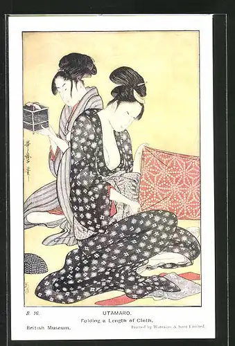 AK Utamaro, Folding a Length of Cloth, Geisha