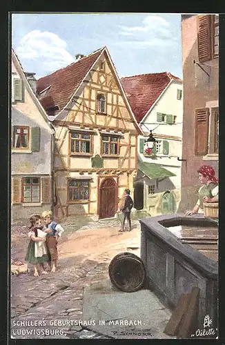 Künstler-AK Marbach, Schillers Geburtshaus, davor Kinder