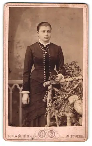 Fotografie Gustav Schröder, Mittweida, Rochlitzer-Strasse 234, Portrait modisch gekleidete Dame mit Kreuzkette