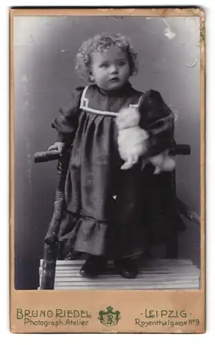 Fotografie Bruno Riedel, Leipzig, rosenthalgasse 9, Portrait kleines Mädchen im Kleid mit Plüschtier