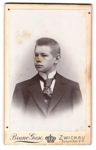 Fotografie Bruno Giese, Zwickau i. S., Bahnhofstr. 8, Portrait hübscher Bube mit Krawatte im Jackett