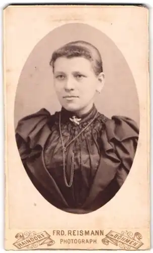 Fotografie Friedr. Reismann, Haindorf / Böhmen, Portrait bildschöne junge Frau mit Brosche und Halskette am Blusenkragen