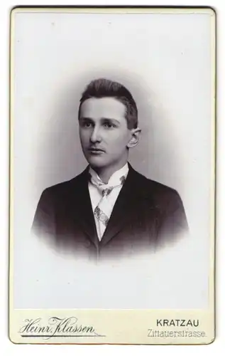Fotografie Heinr. Klassen, Kratzau, Zittauerstr., Portrait dunkelhaariger junger Mann in Krawatte und Jackett