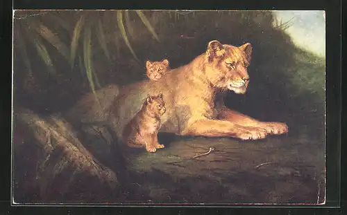 Künstler-AK Löwin mit zweien ihrer Jungtiere
