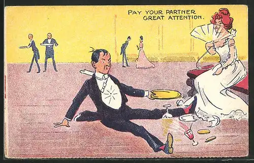 AK Pay your partner great attention, Herr mit Tablett ist ausgerutscht