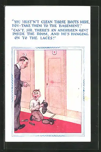 AK Scherz mit Schuhe putzendem Knaben