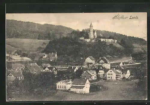 AK Lorch, Dorf mit Turm aus der Vogelschau