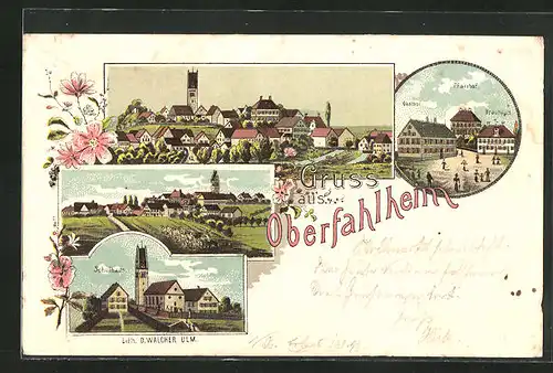 Lithographie Oberfahlheim, Gesamtansicht, Pfarrhof und Schulhaus