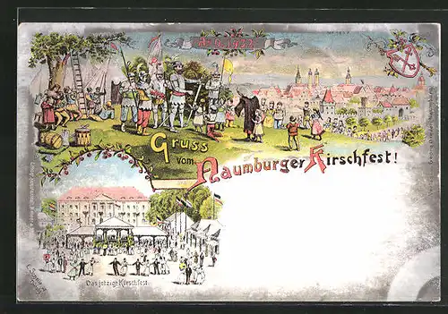 Lithographie Naumburg, Kirschfest Damals und Jetzt, Gesamtansicht & Tanz auf dem Volksfest