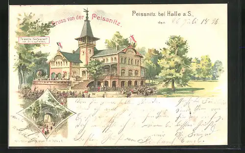 Lithographie Peissnitz b. Halle a.S., Restaurant von Fr. Klopfleisch & Felsentor