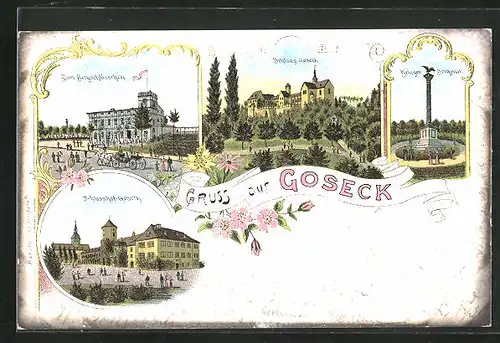Lithographie Goseck, Schloss Goseck, Kriegerdenkmal & zum Bergschlösschen