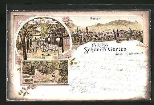 Lithographie Goslar, Gasthaus zum schönen Garten, Gartenpartie & Gesamtansicht