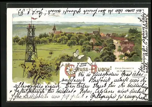 Lithographie Buoch, Ortsansicht aus der Vogelschau, Aussichtsturm