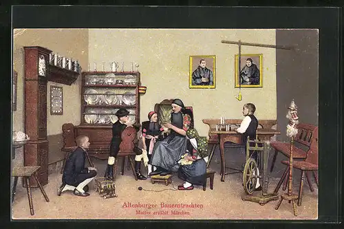 AK Mutter in Altenburger Bauerntracht erzählt Märchen, thüringische Tracht