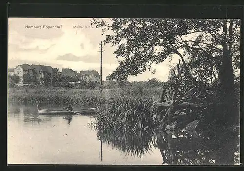 AK Hamburg-Eppendorf, Mühlenteich mit Boot