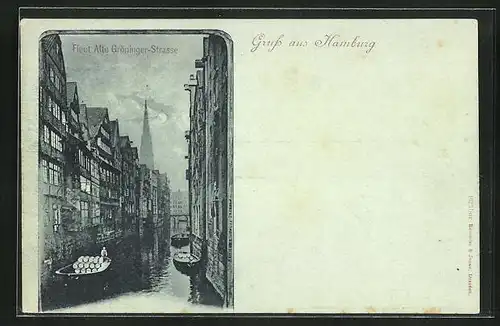 Mondschein-AK Alt-Hamburg, Fleet alte Gröninger-Strasse mit Booten