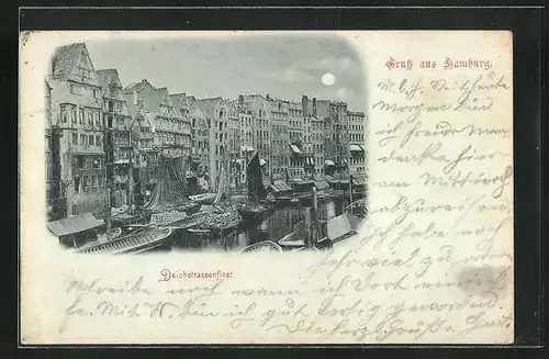 Mondschein-AK Alt-Hamburg, Deichstrassenfleet mit Booten