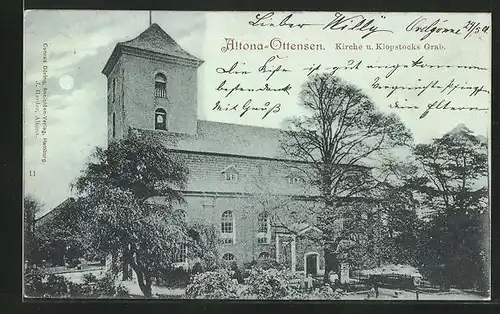 Mondschein-AK Hamburg-Ottensen, Kirche und Klopstocks Grab