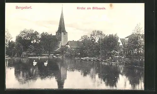 AK Hamburg-Bergedorf, Kirche am Billbassin mit Booten