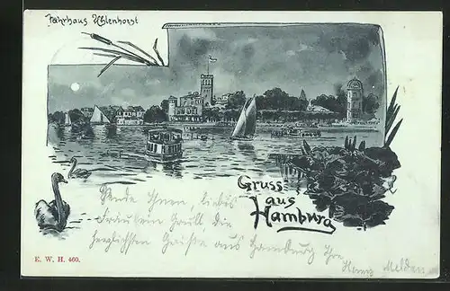 Künstler-AK Hamburg-Uhlenhorst, Gasthaus Fährhaus Uhlenhorst mit Booten