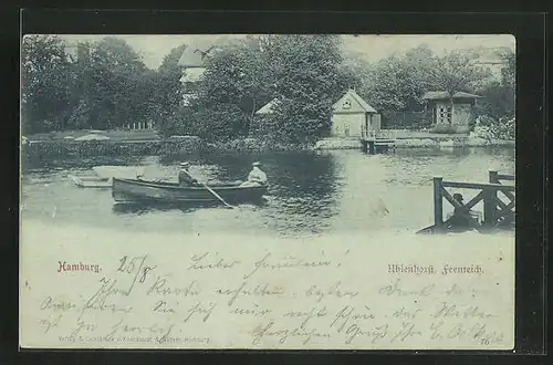 Mondschein-AK Hamburg-Uhlenhorst, Feenteich mit Boot