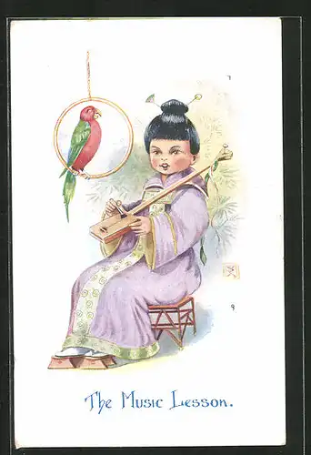 AK Geisha mit Instrument und Papagei