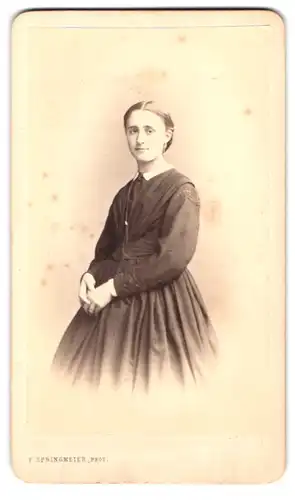 Fotografie F. Springmeier, Elberfeld, Herzogstrasse 4, Portrait Dame mit geflochtenem Haar im Kleid