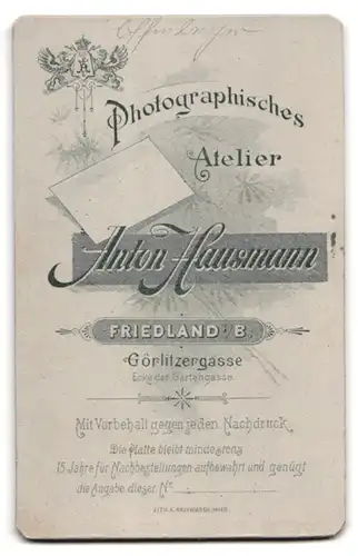 Fotografie Anton Hausmann, Friedland i /B., Görlitzergasse, Portrait bürgerliche Dame mit zurückgebundenem Haar