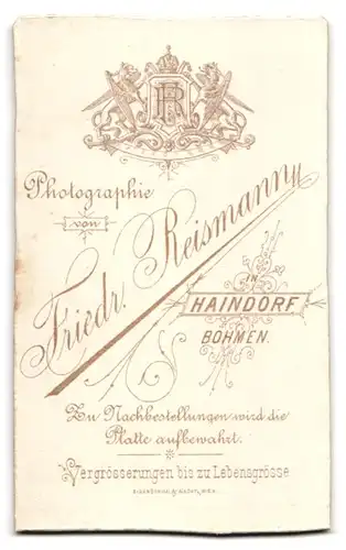 Fotografie Freidr. Reismann, Haindorf /Böhmen, Portrait junge Dame im hübschen Kleid