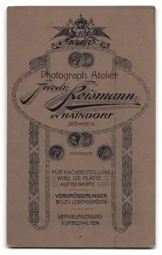 Fotografie F. Reismann, Haindorf /Böhmen, Junges Brautpaar im Portrait