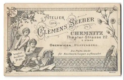 Fotografie Clemens Seeber, Chemnitz, Theaterstr. 22, rücks. Putten & Balgenkamera, Jugendstil, vorders. Portrait Frau