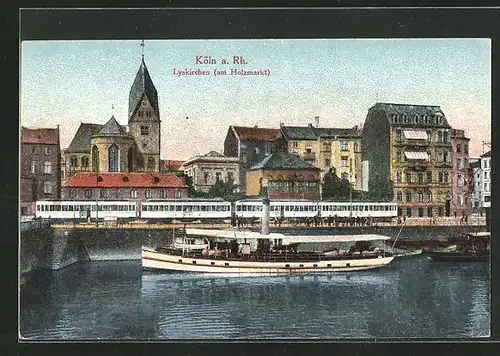 AK Köln, Lyskirchen am Holzmarkt mit Strassenbahn und Boot